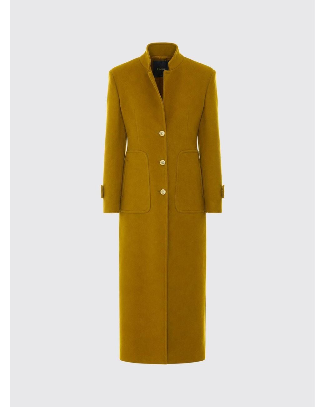 Pinko Green Single-Breasted Long Wool And Cashmere Blend Coat With High Neck