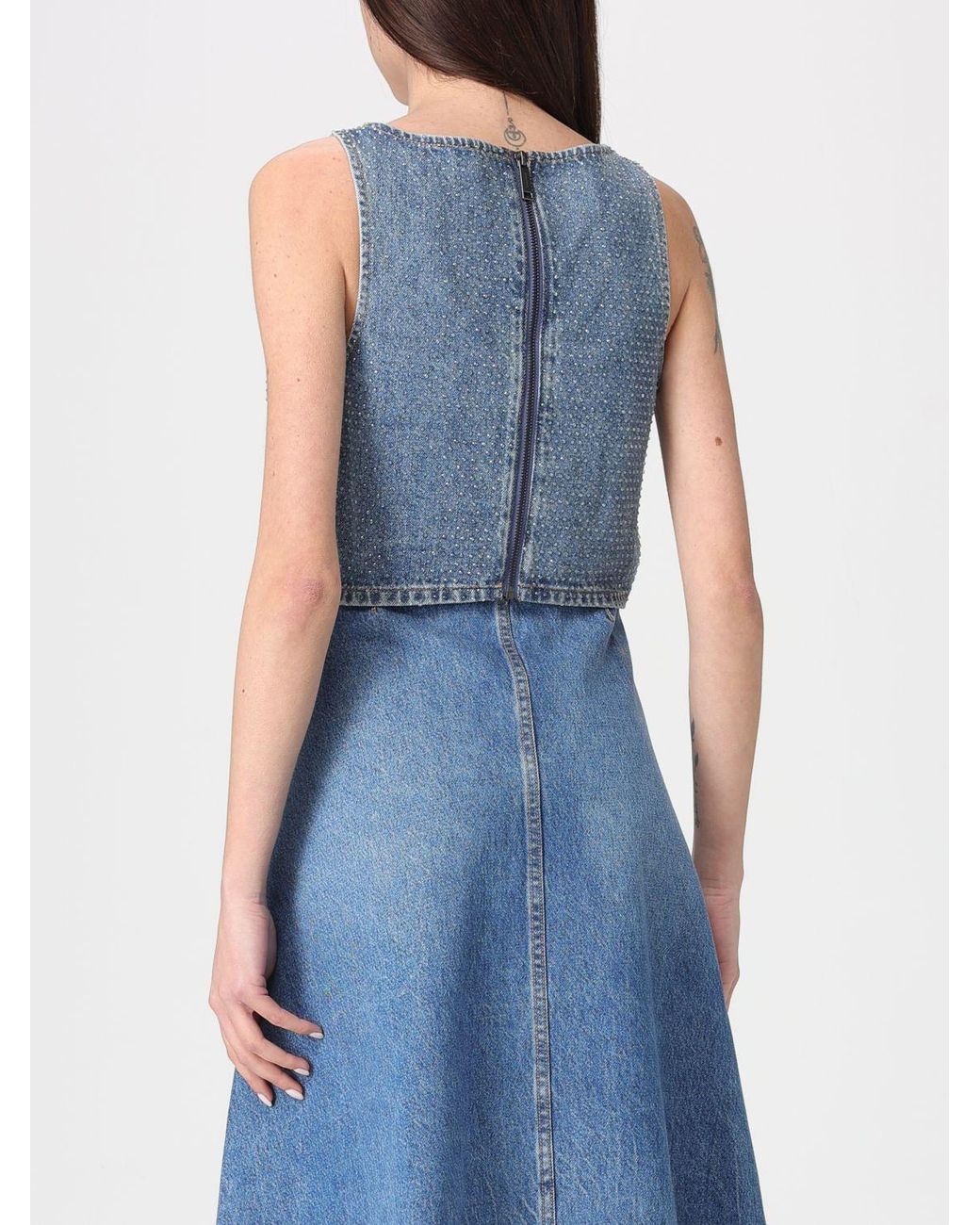 Self-Portrait Blue Cotton Denim Cropped Top With Rhinestones