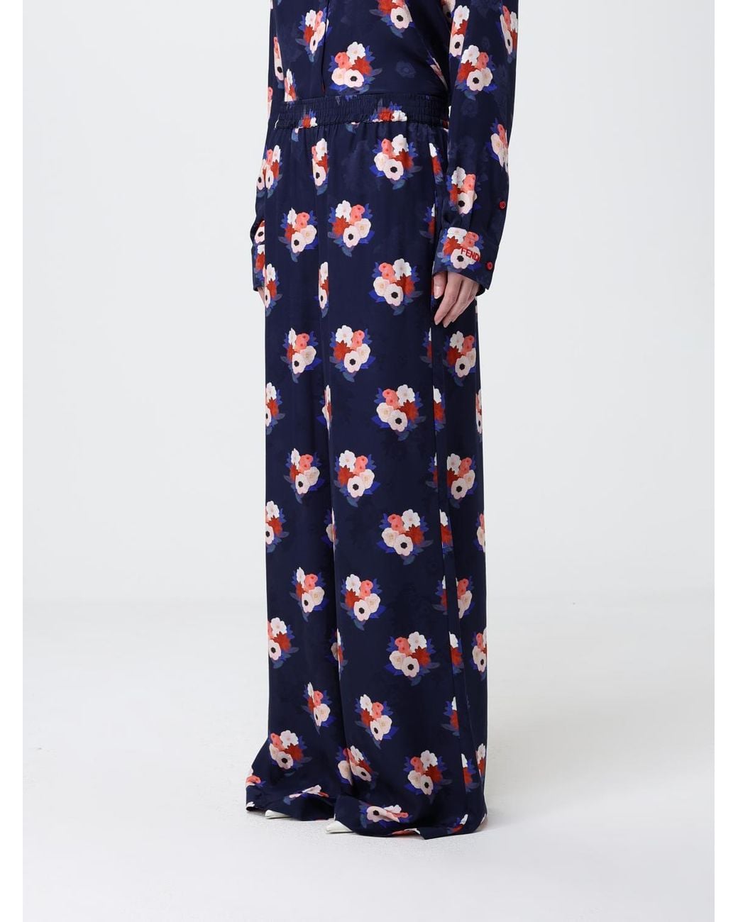 Fendi Blue Silk Palazzo Trousers With Floral Print