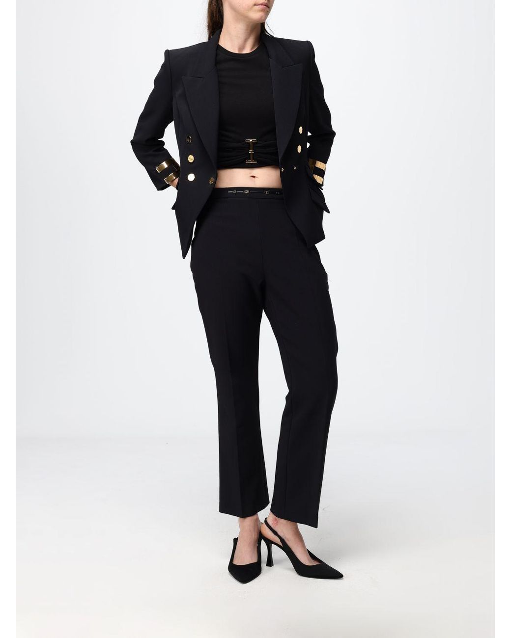 Elisabetta Franchi Black Slim Fit Double-Breasted Blazer With Padded Shoulders