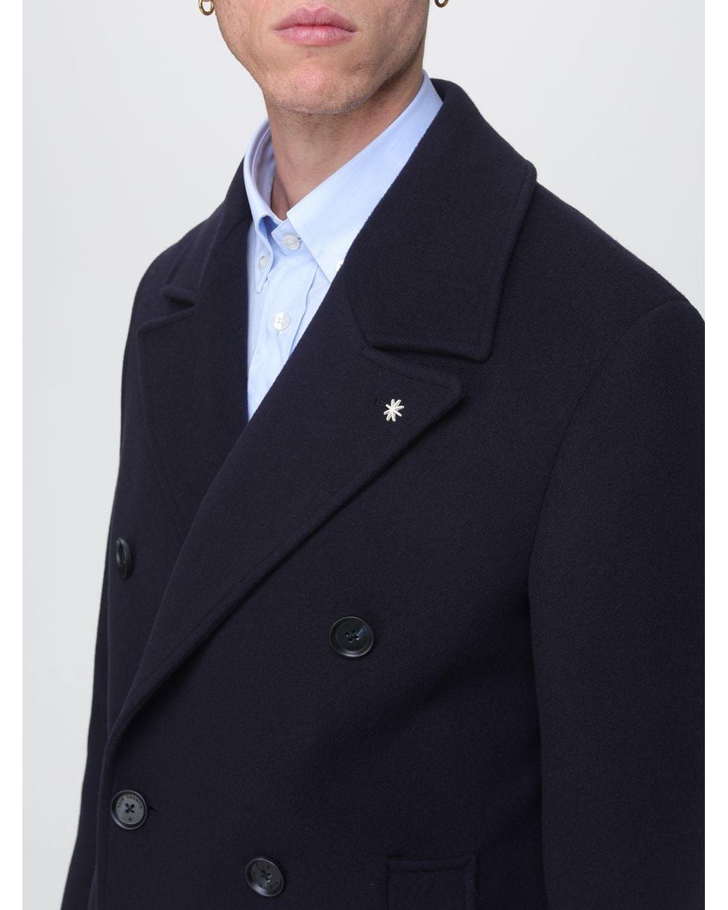 Manuel Ritz Blue Double-Breasted Wool Coat With Classic Lapels And Knee Length for men