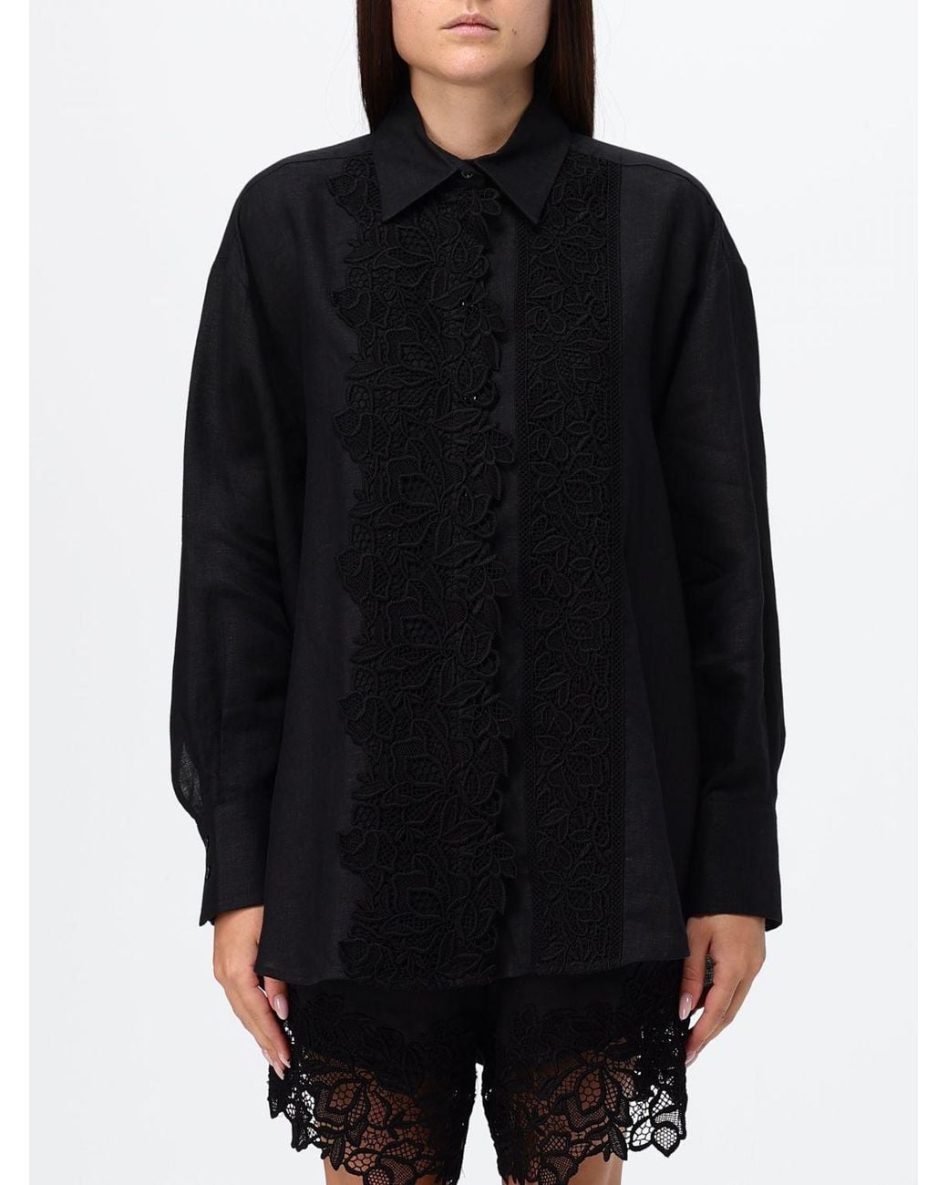 Ermanno Scervino Black Relaxed Fit Linen Shirt With Lace Inserts