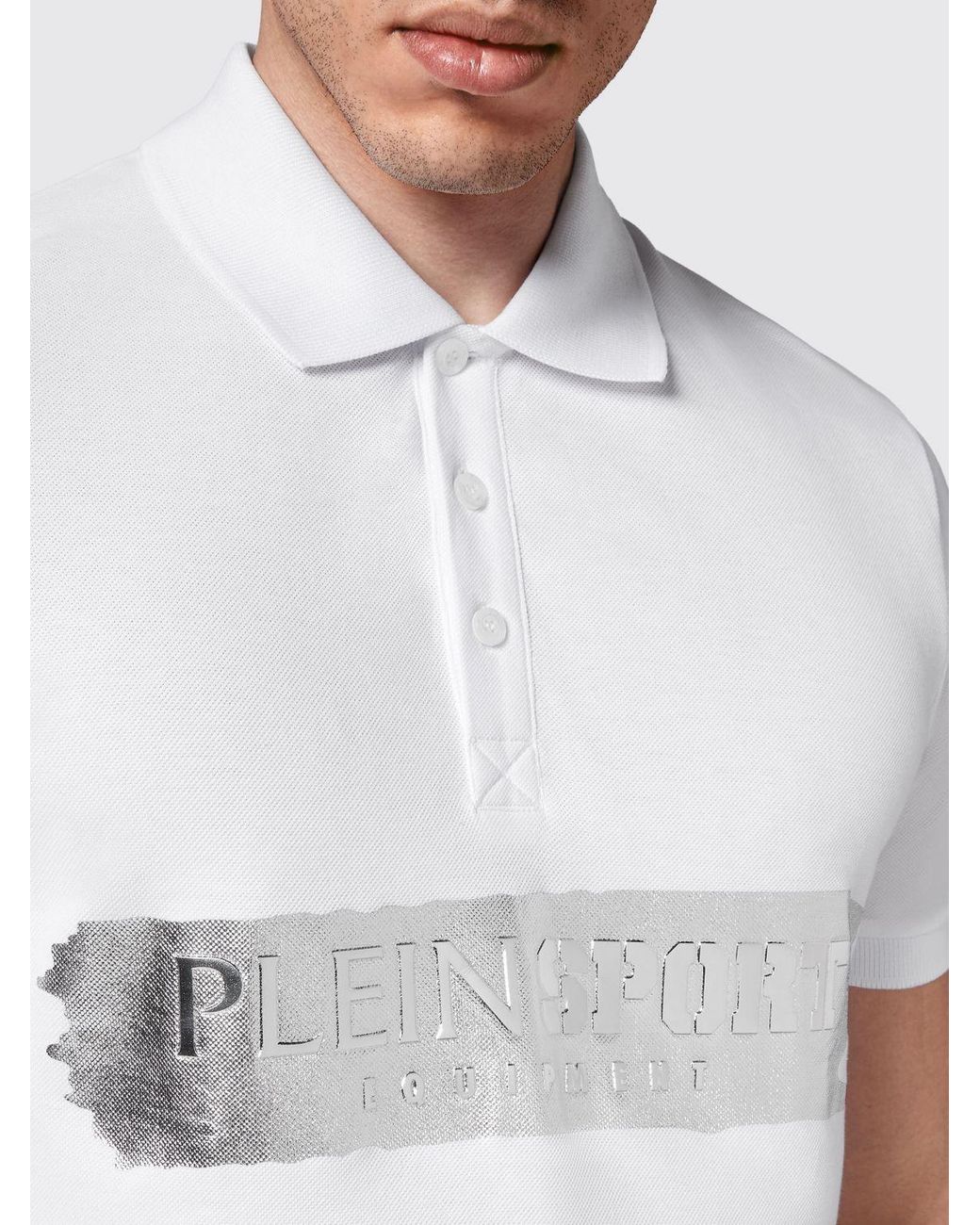 Philipp Plein White Slim Fit Cotton Polo Shirt With Laminated Hexagon Logo for men