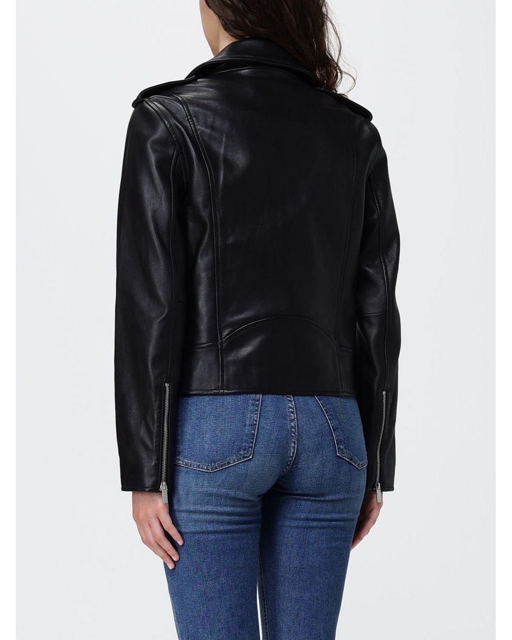 Twinset Black Leather Biker Jacket With Asymmetrical Zip And Shoulder Epaulettes