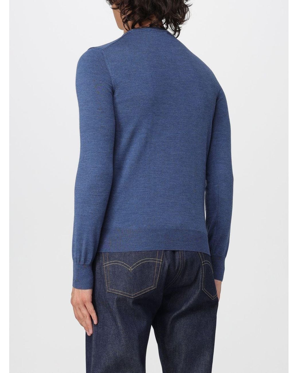 Brooksfield Blue Crewneck Wool Jumper With Long Sleeves And Ribbed Trims for men