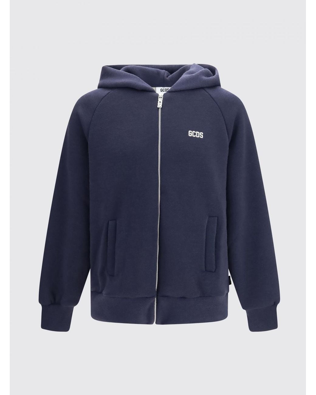 Gcds Blue Cotton Zip-Up Hoodie With Contrast Logo for men