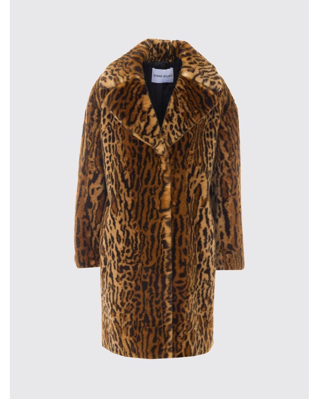Stand Studio Brown Single-Breasted Animal Print Faux Fur Knee-Length Coat