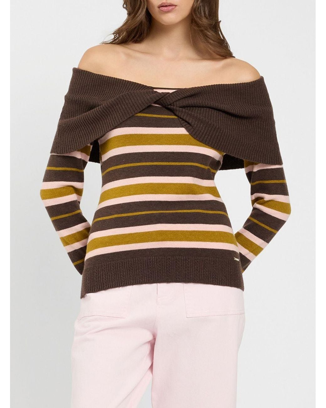 Twinset Gray Striped Wool And Silk Blend Jumper With Boat Neck