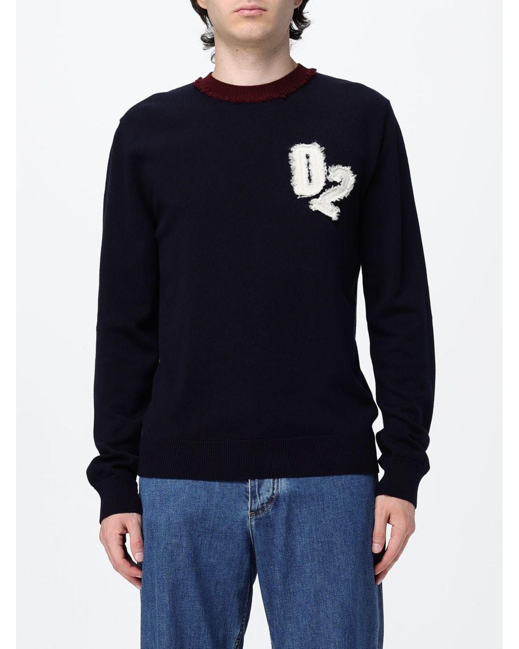 DSquared² Blue Virgin Wool Crewneck Sweater With Contrast Monogram for men