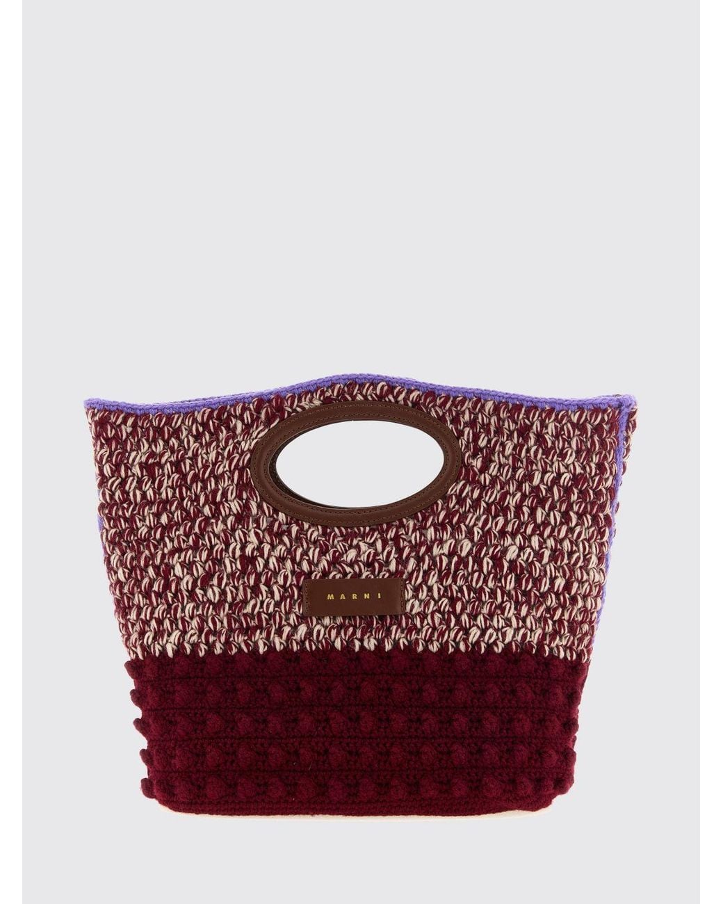 Marni Red Small Bicolor Crochet Wool Tote Bag With Leather Inserts