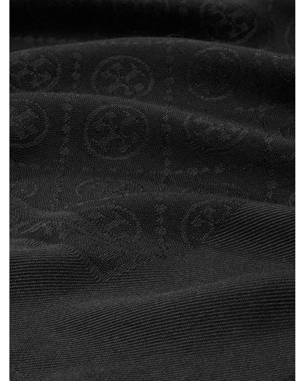 Tory Burch Black Square Silk And Wool Foulard With Double T Logo And Fringed Edges