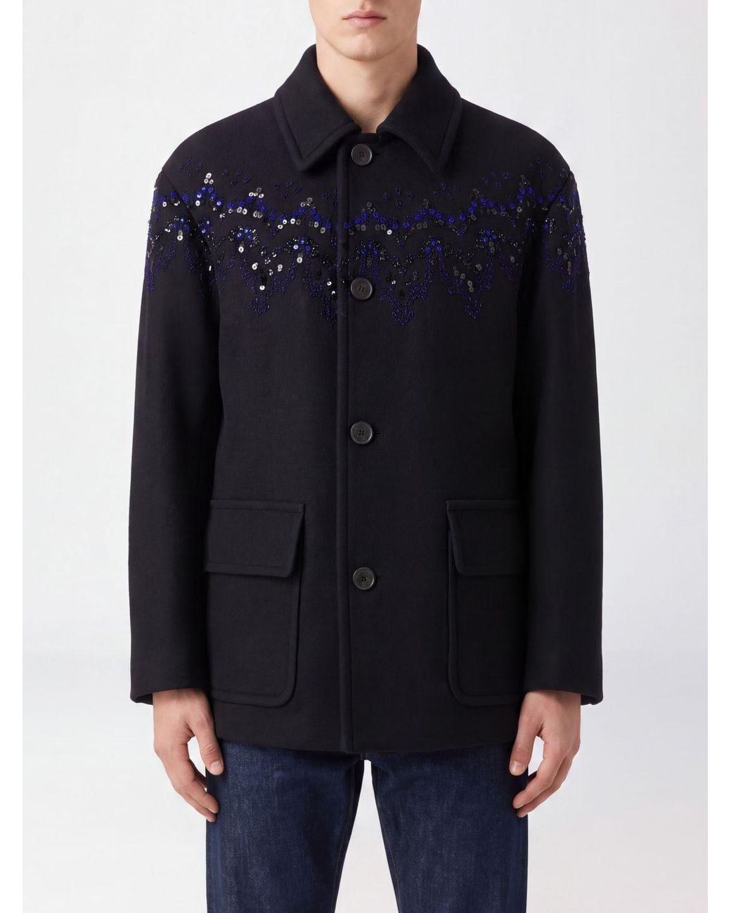 Dries Van Noten Blue Single-Breasted Short Wool Coat With Sequin Appliqués for men