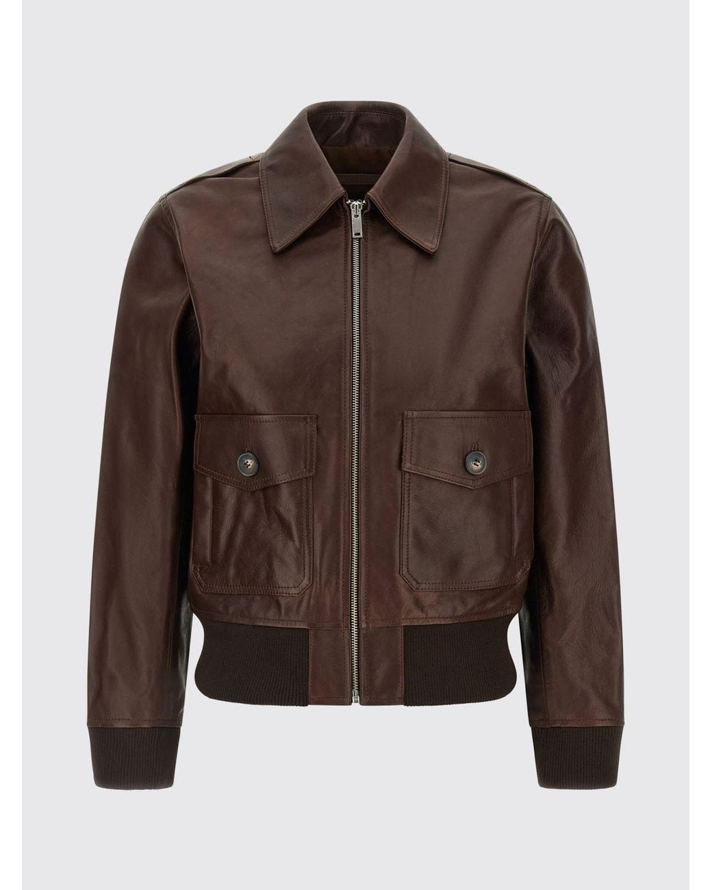 A.P.C. Brown Cowhide Leather Bomber Jacket With Classic Collar And Zip Closure