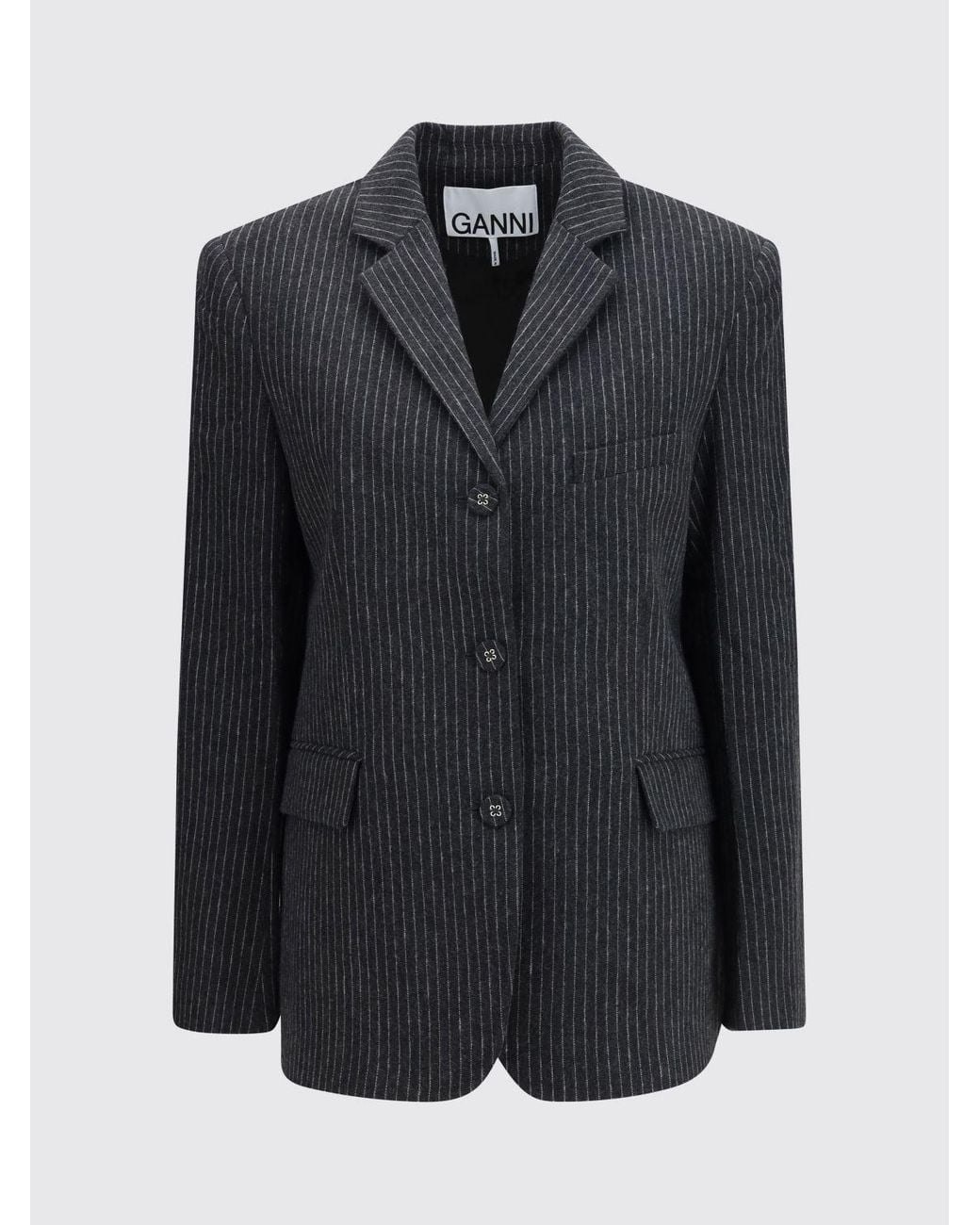 Ganni Gray Pinstripe Wool Single-Breasted Blazer With Lapels