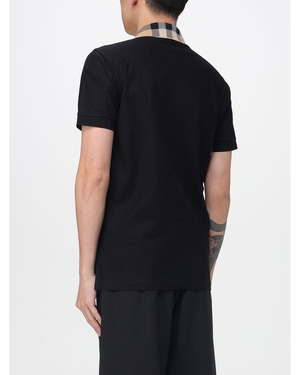 Burberry Black Cotton Polo Shirt With Check Collar for men