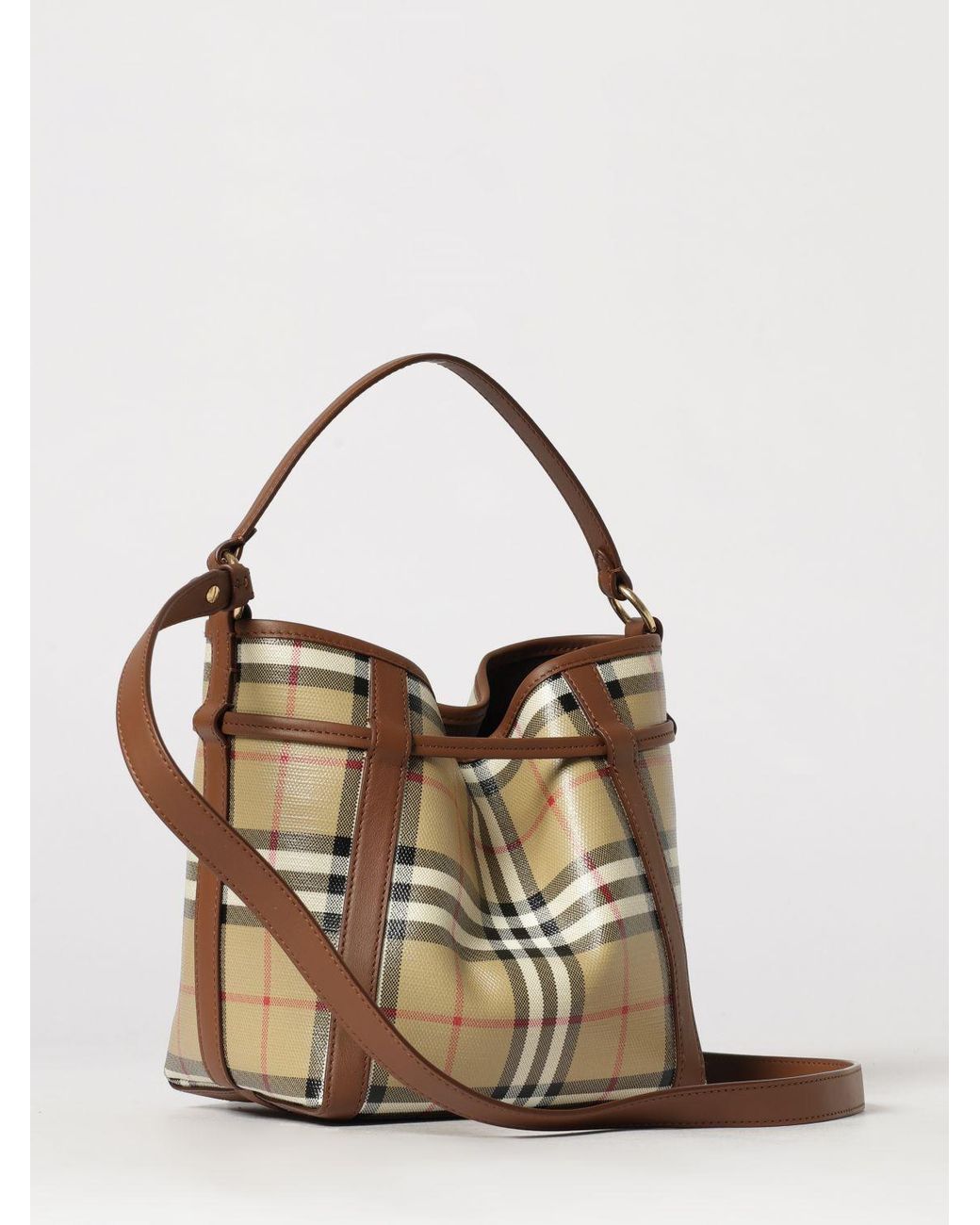 Burberry Natural Mini Vintage Check Canvas Bucket Bag With Ekd Logo