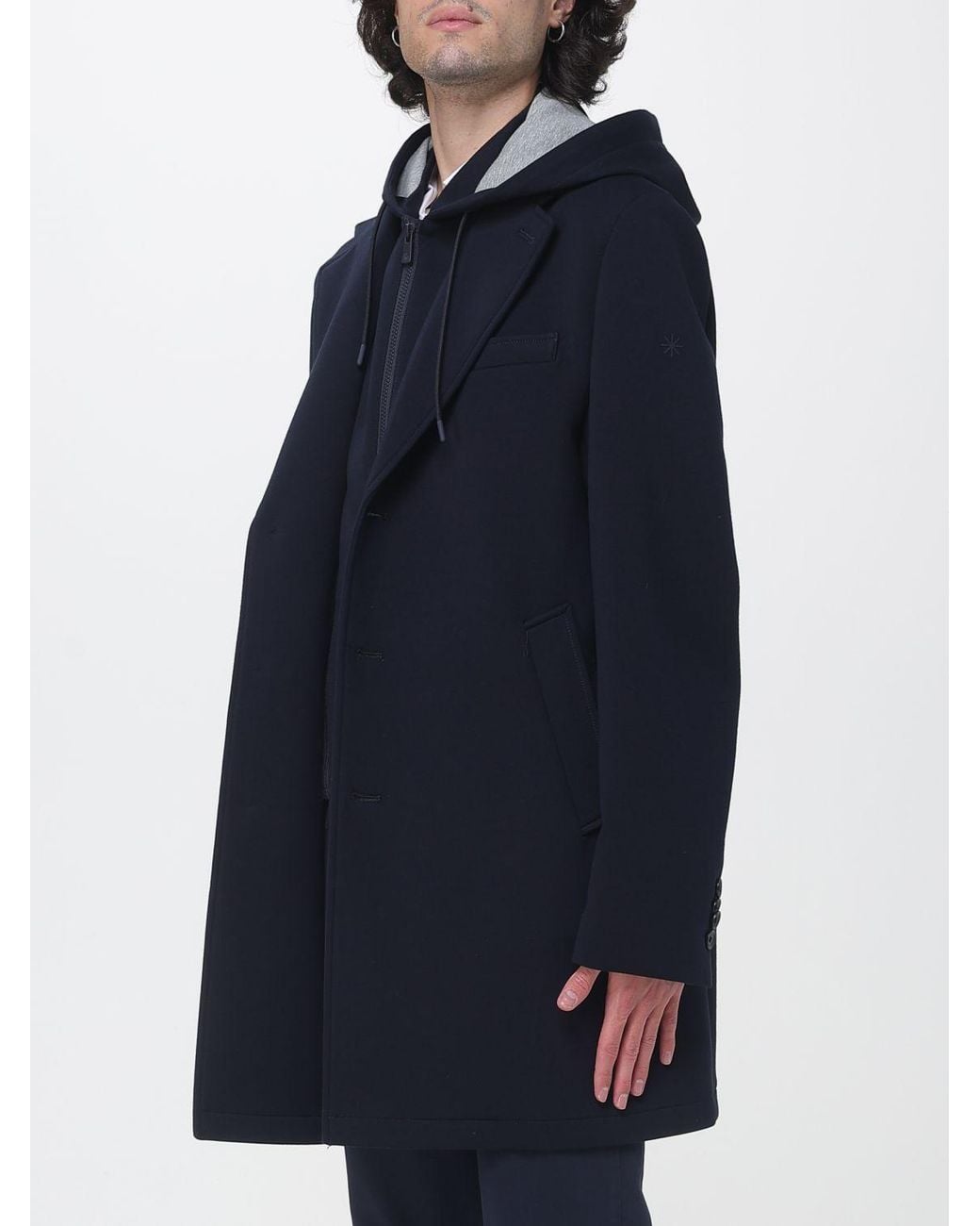 Manuel Ritz Blue Single-Breasted Cotton-Blend Coat With Hood And Lapels for men