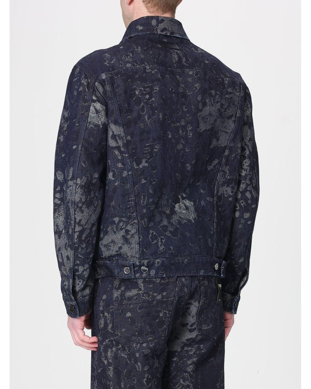 Fendi Blue Cotton Denim Jacket With Camouflage Print for men