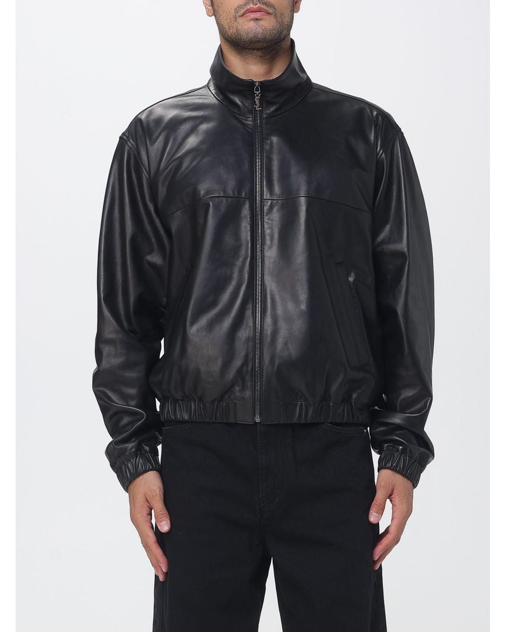Saint Laurent Gray Lambskin Leather Bomber Jacket With High Collar And Zip Closure for men