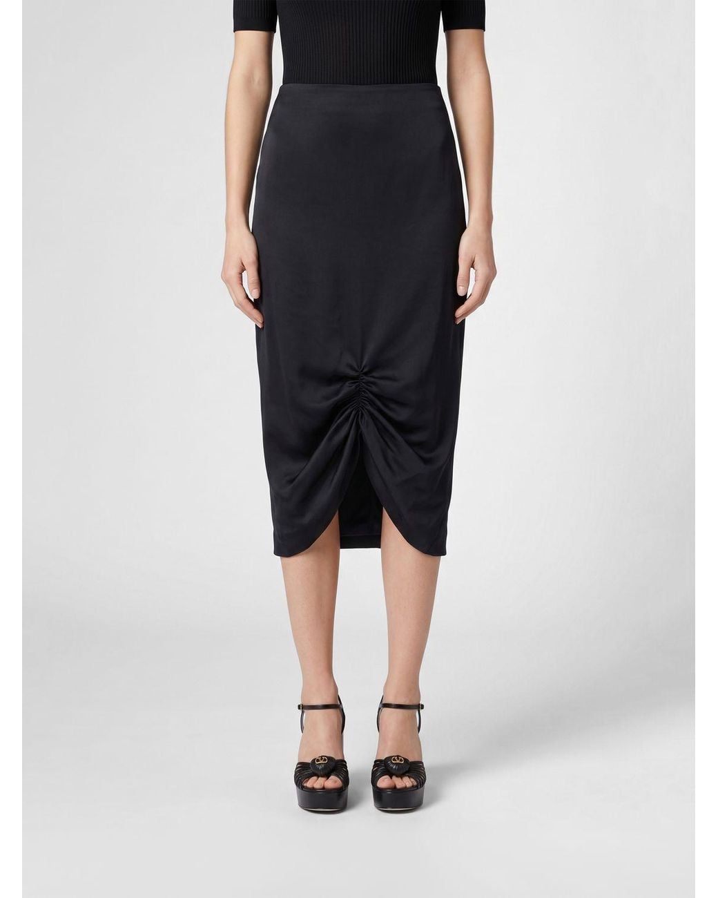 Valentino Black High-Waisted Satin Pencil Midi Skirt With Curved Hem