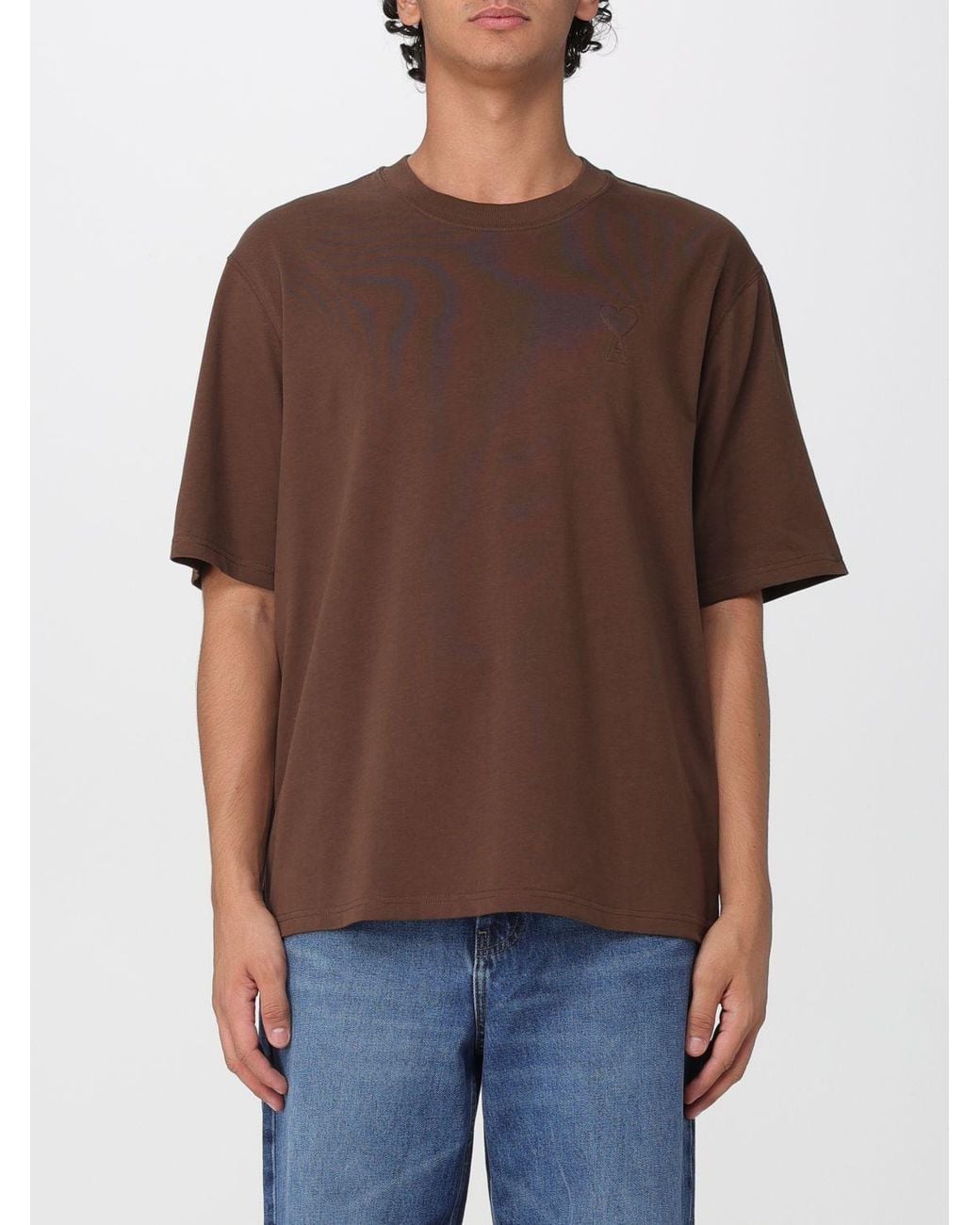 AMI Brown Short-Sleeved Cotton T-Shirt With Front Logo Print for men