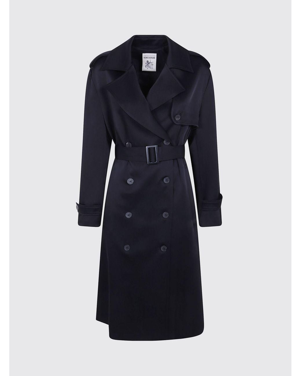 Semicouture Blue Long Double-Breasted Satin Trench Coat With Adjustable Belt