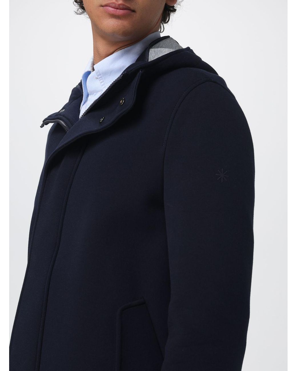 Manuel Ritz Blue Knee-Length Single-Breasted Hooded Coat With Concealed Fastening for men