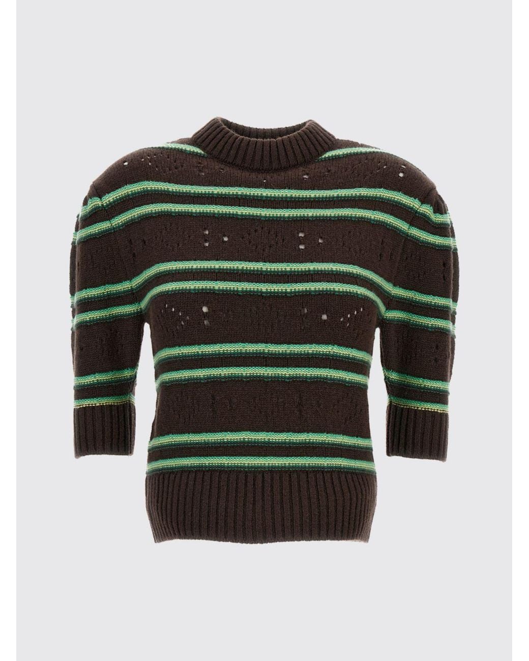 Marni Green Striped Pure Cashmere Sweater With Puff Sleeves