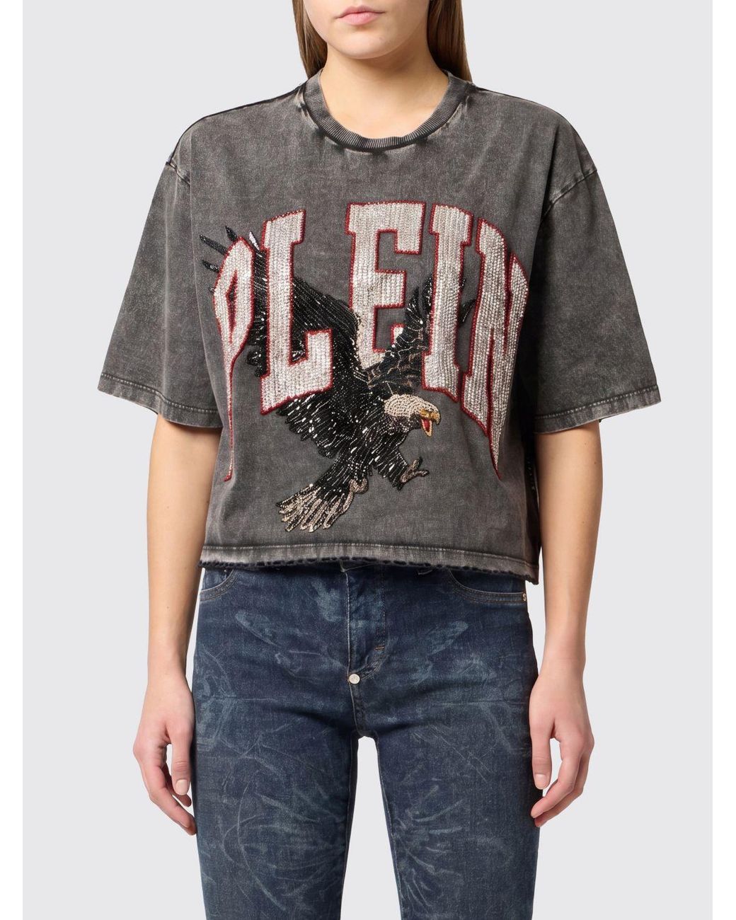 Philipp Plein Black Cotton Crewneck T-Shirt With Graphic Print, Rhinestones And Sequins