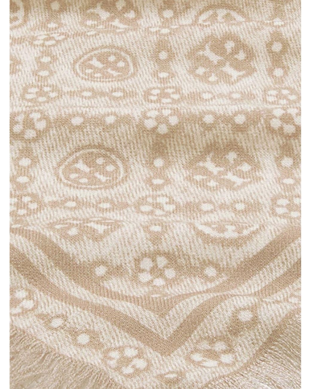 Tory Burch Natural Monogram Wool And Silk Blend Scarf With Fringed Edges
