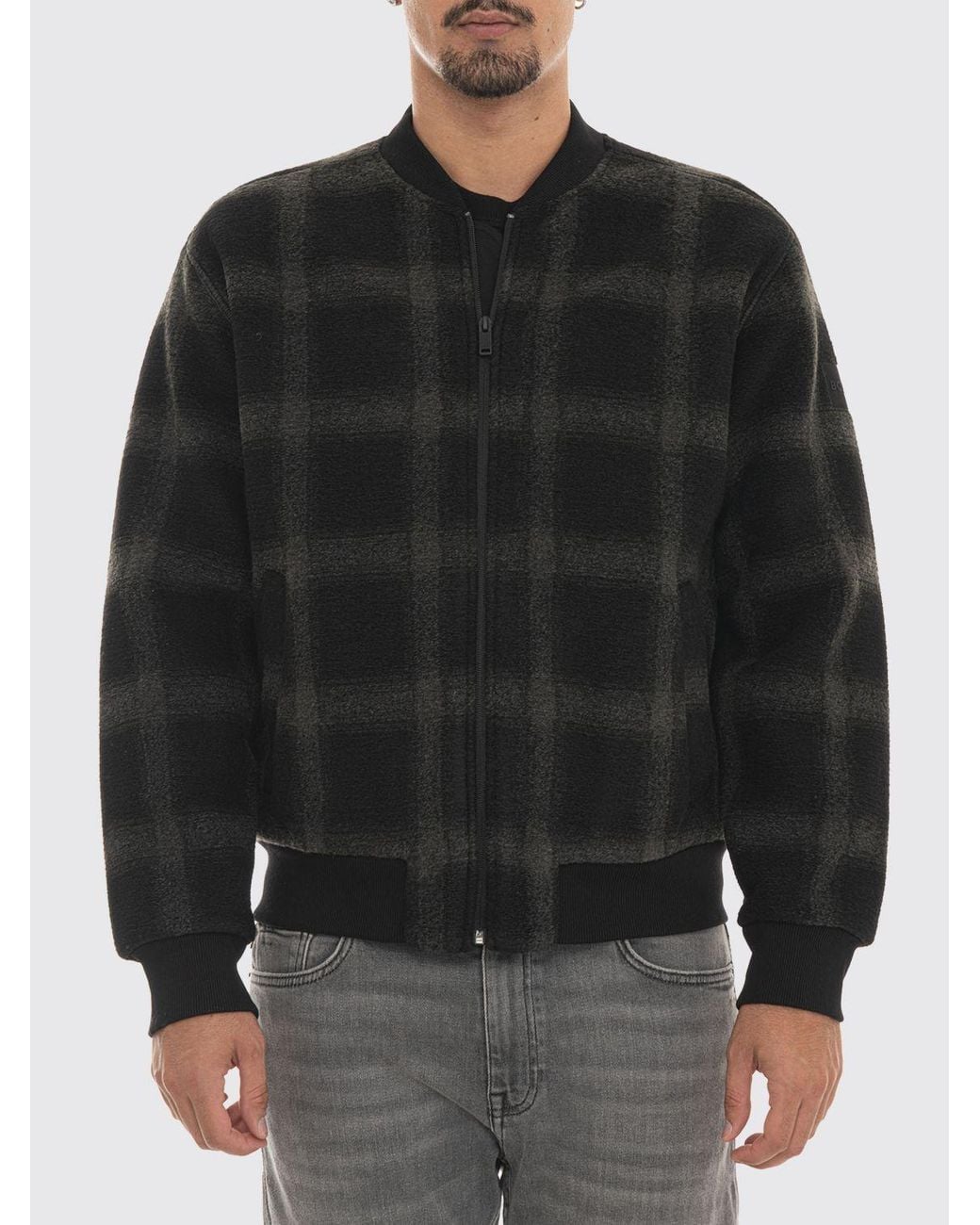 Boss Black Tartan Pattern Wool-Blend Bomber Jacket With Zip Closure for men