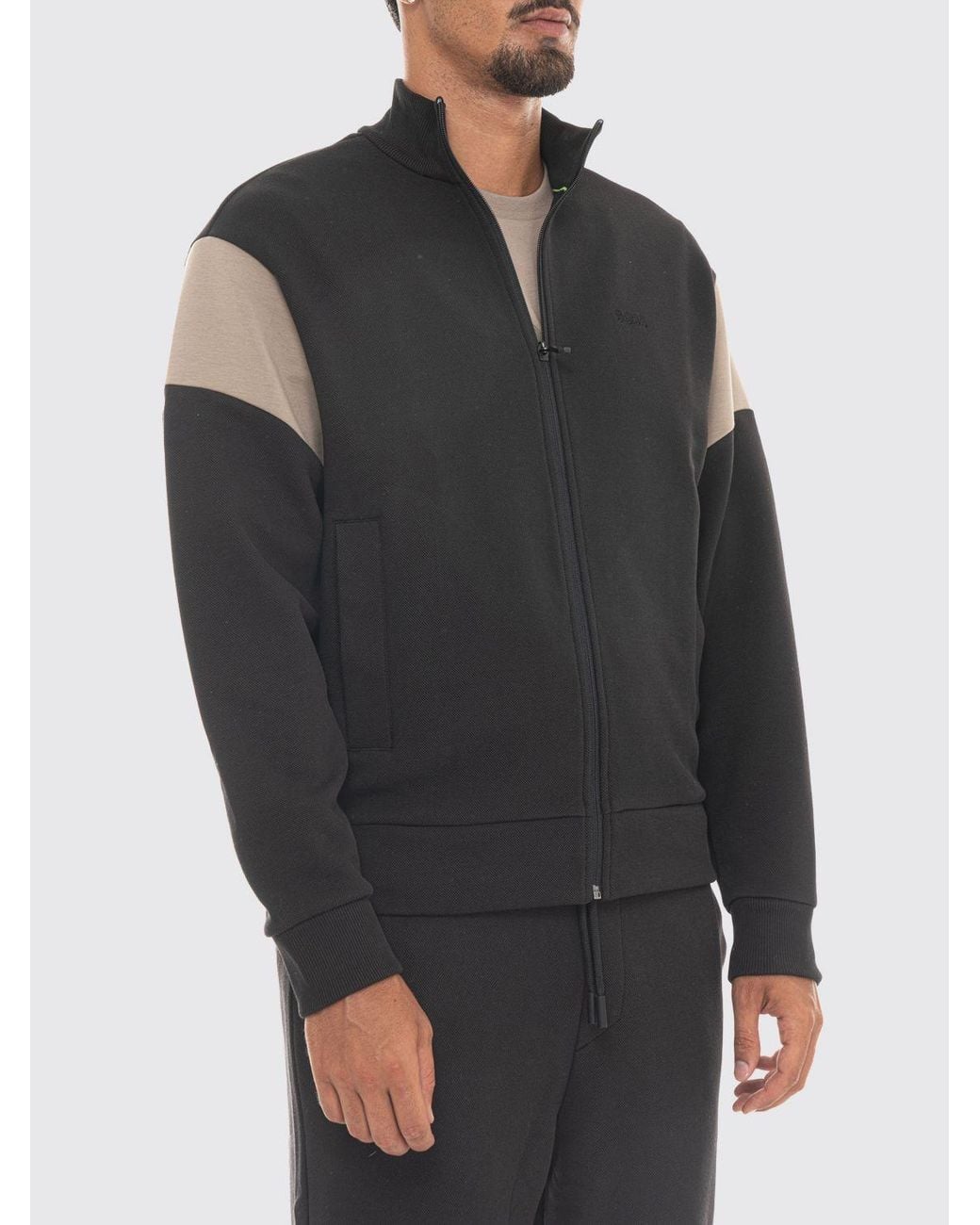 Boss Black Mock Neck Zip-Up Cotton Jumper With Contrast Tipping for men