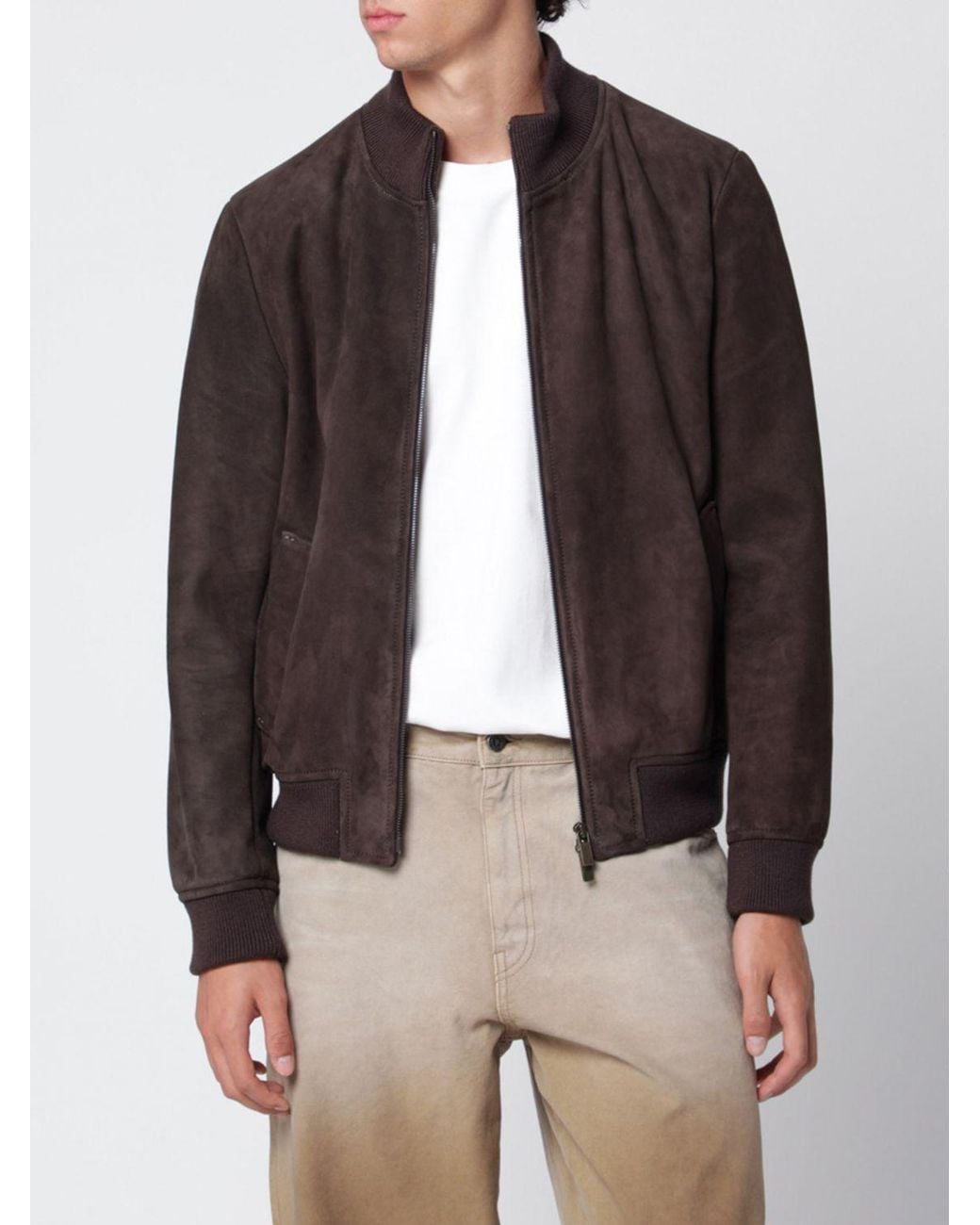 Salvatore Santoro Brown Suede Leather Bomber Jacket With High Neck And Zip Closure for men