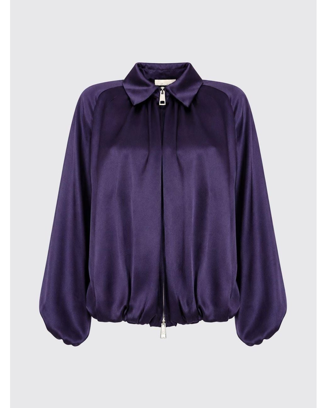 Liviana Conti Purple Cropped Draped Satin Bomber Jacket With Balloon Sleeves