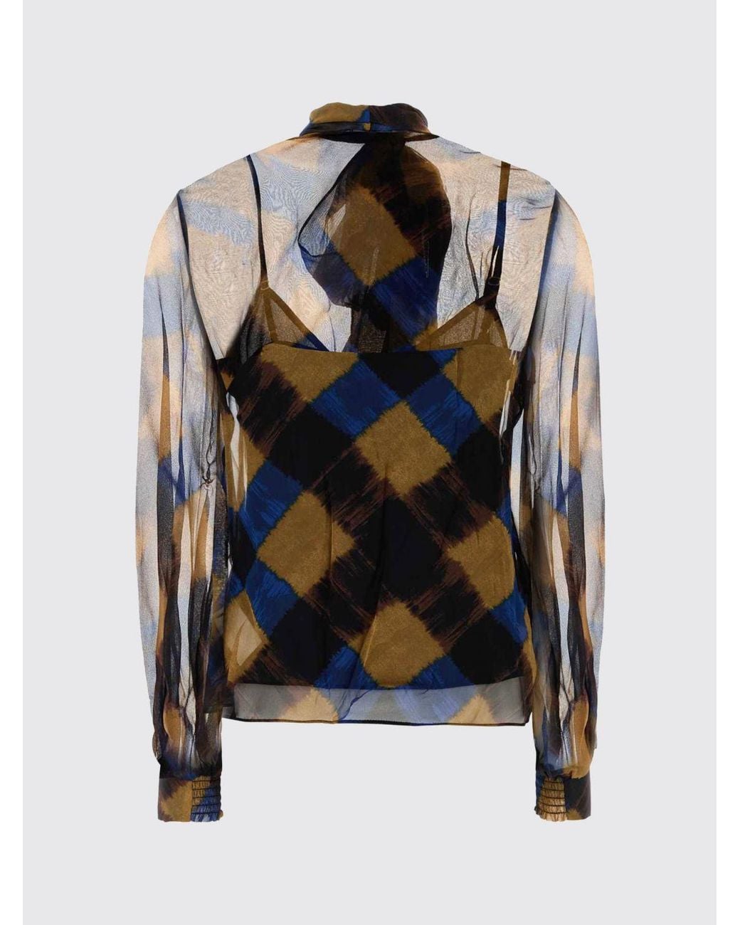 Diane von Furstenberg Blue Diamond Pattern Silk Pussy-Bow Shirt