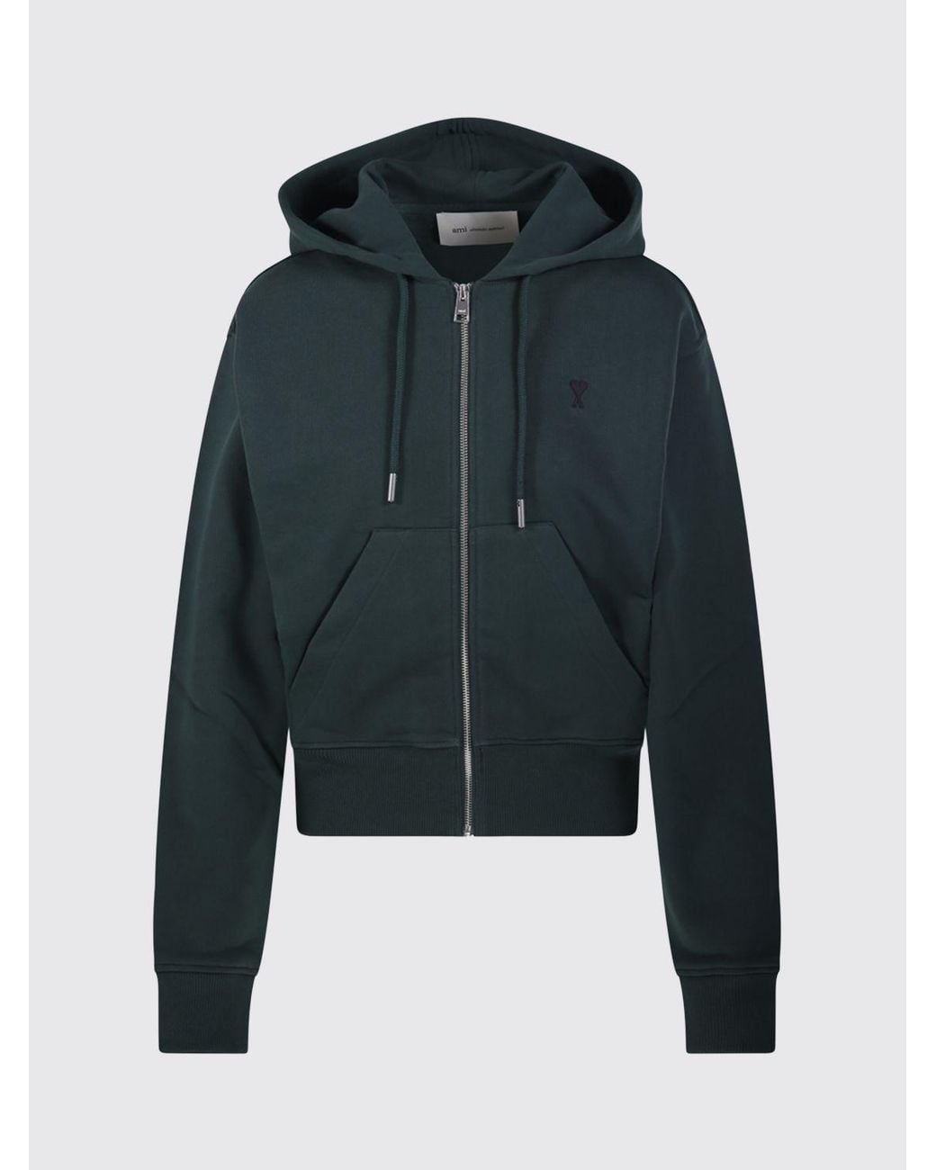AMI Blue Hooded Zip-Up Cotton Sweatshirt With Embroidered Logo