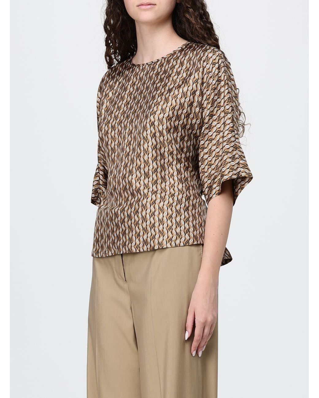 Max Mara Natural Geometric Print Silk Blouse With Drawstring Waist
