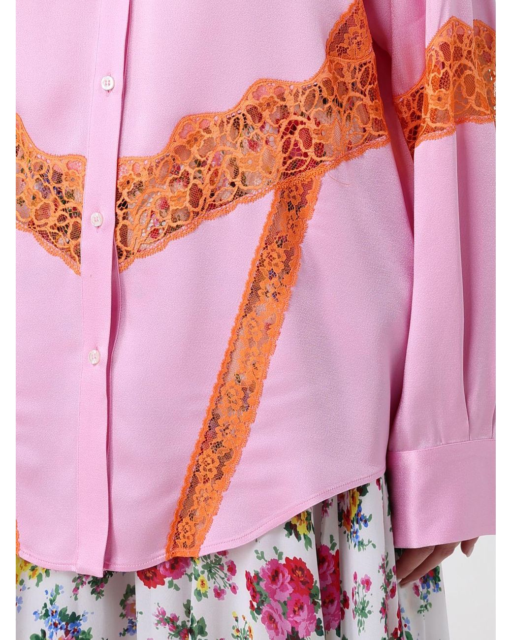 MSGM Pink Relaxed Fit Satin Shirt With Lace Inserts And Dropped Shoulders