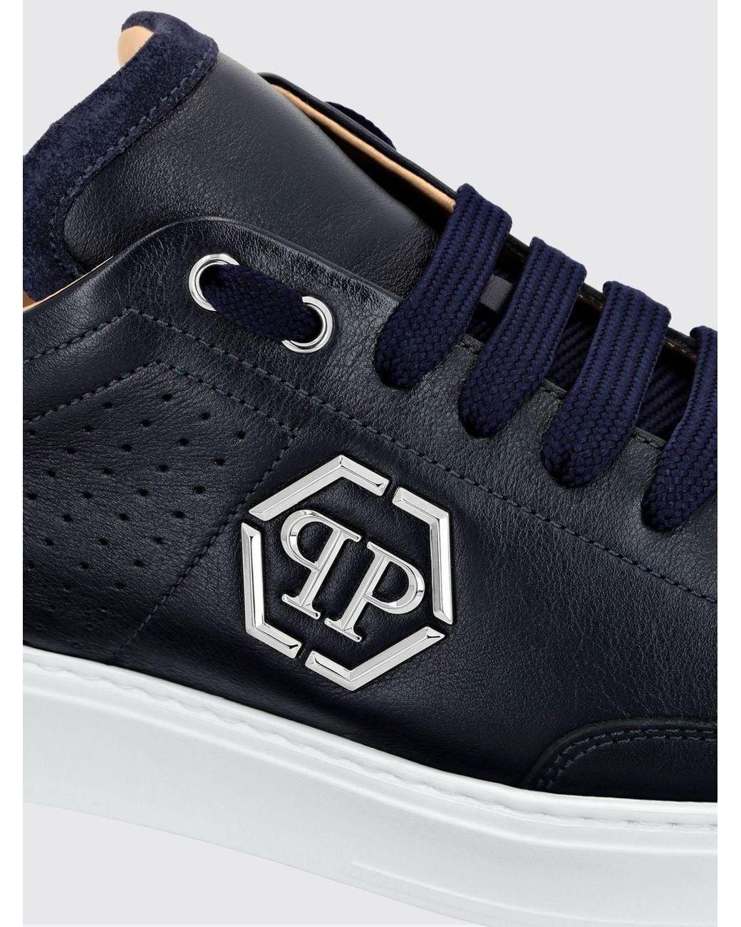 Philipp Plein White Leather Low-Top Sneakers With Monogram Pattern And Applied Hexagon Logo for men