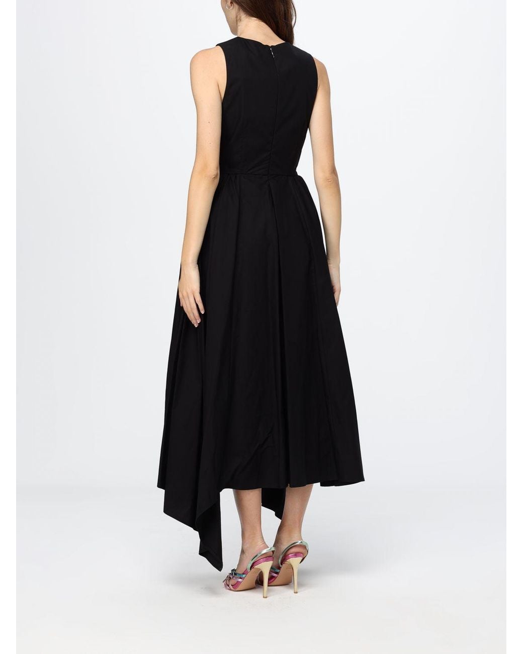 MSGM Black Asymmetric Off-The-Shoulder Cotton Midi Dress With A Crew Neck