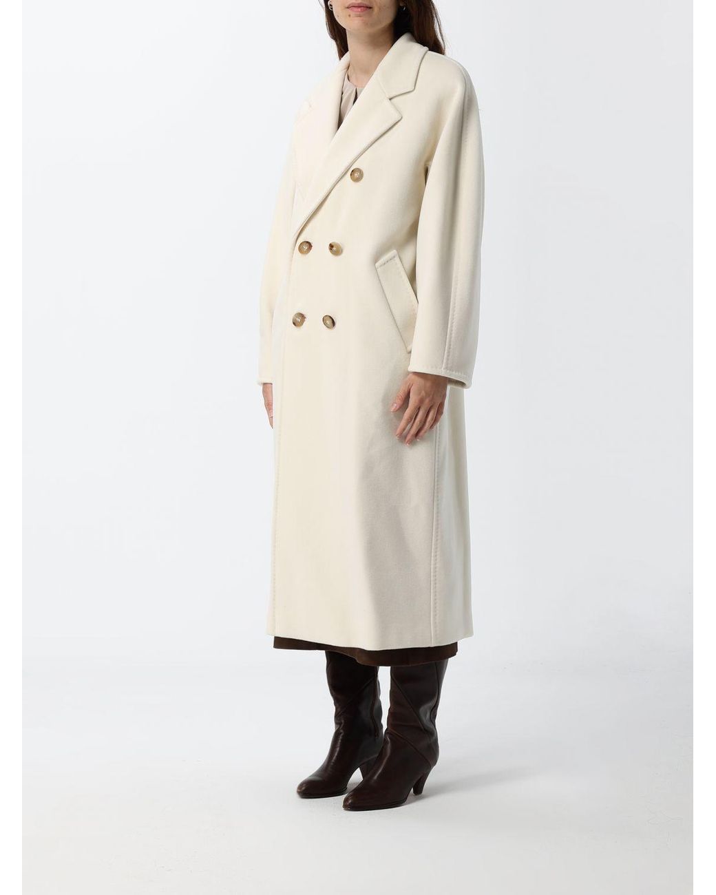 Max Mara White Madame Double-Breasted Long Wool Coat With Belt