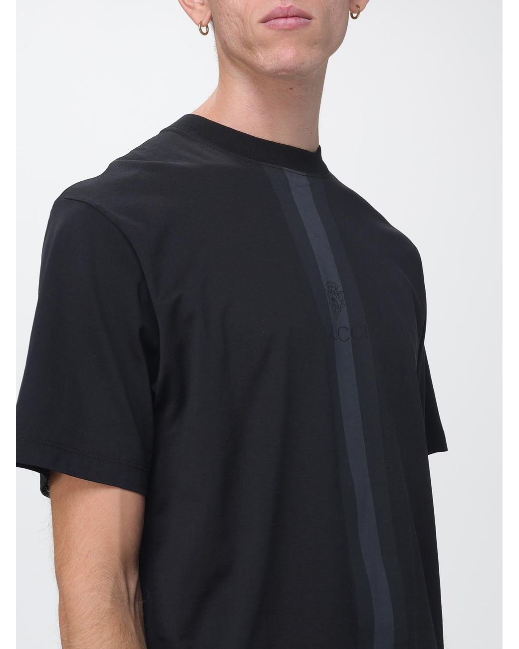 Gucci Black Striped Cotton T-Shirt With Tone-On-Tone Logo for men