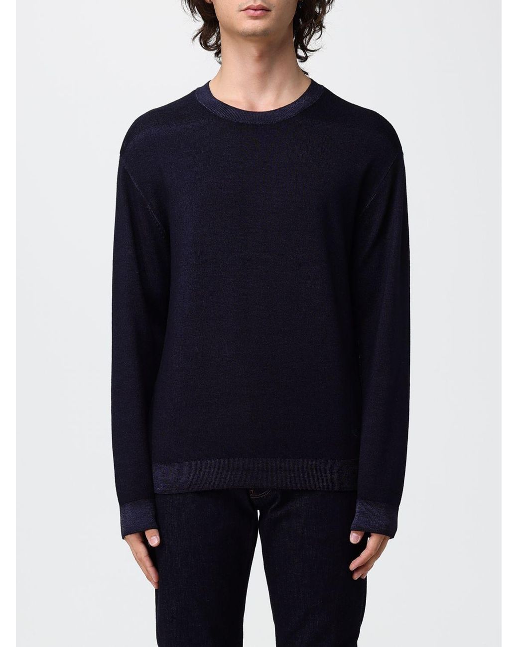 Emporio Armani Blue Wool Crewneck Jumper With Long Sleeves And Ribbed Trims for men