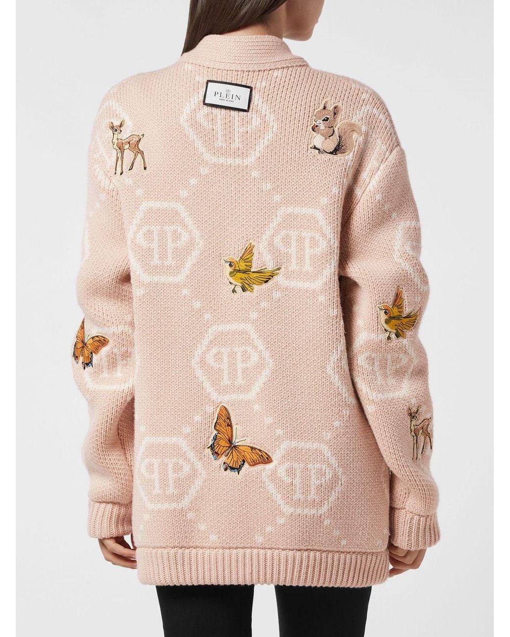 Philipp Plein Natural Fairy Jacquard Monogram Wool Blend V-Neck Cardigan