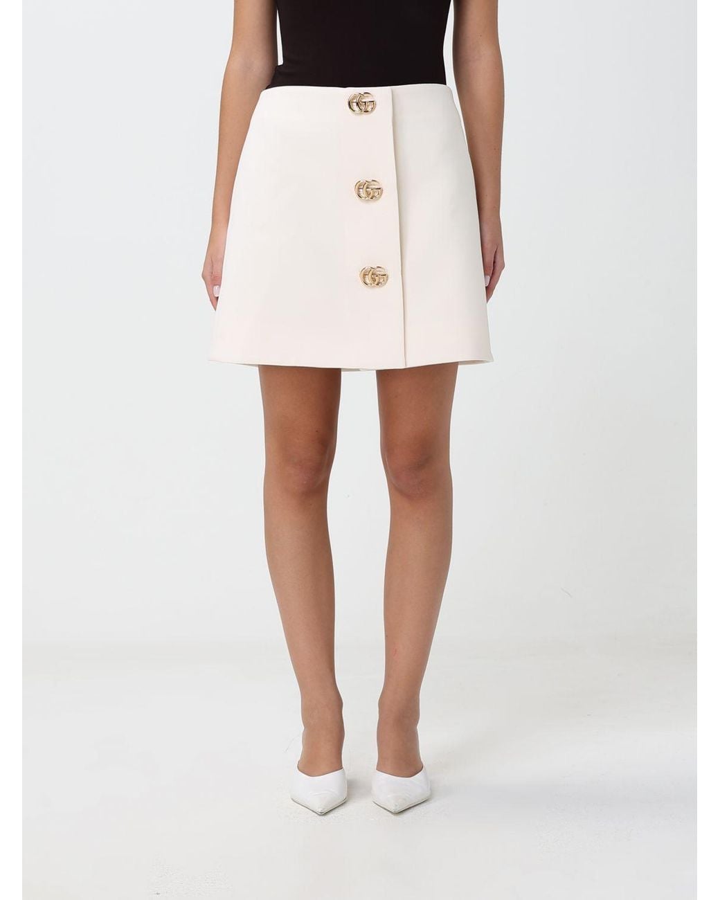 Gucci White High-Waisted Wool Mini Pencil Skirt With Logo Buttons