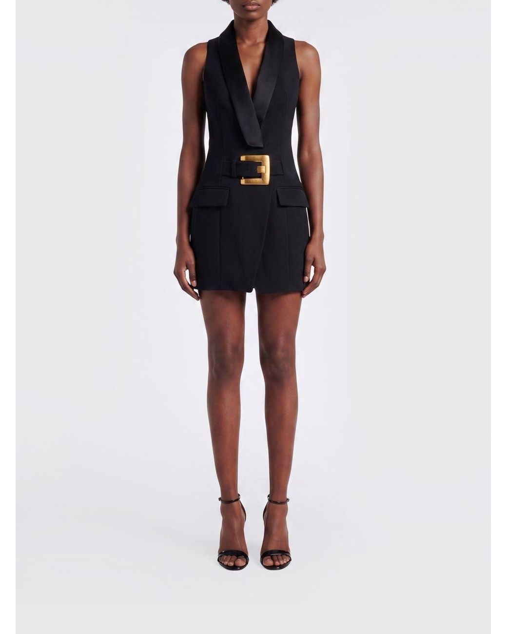 Balmain Black Off-The-Shoulder Merino Wool Blazer Mini Dress With Satin Shawl Collar