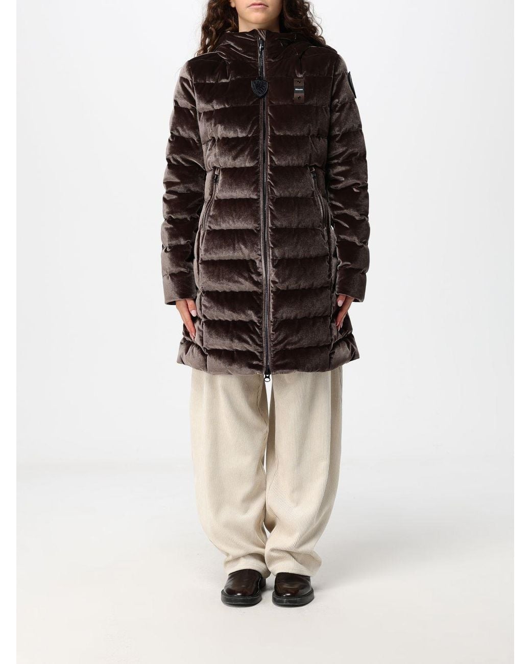 Blauer Brown Knee-Length Quilted Velvet Hooded Down Jacket