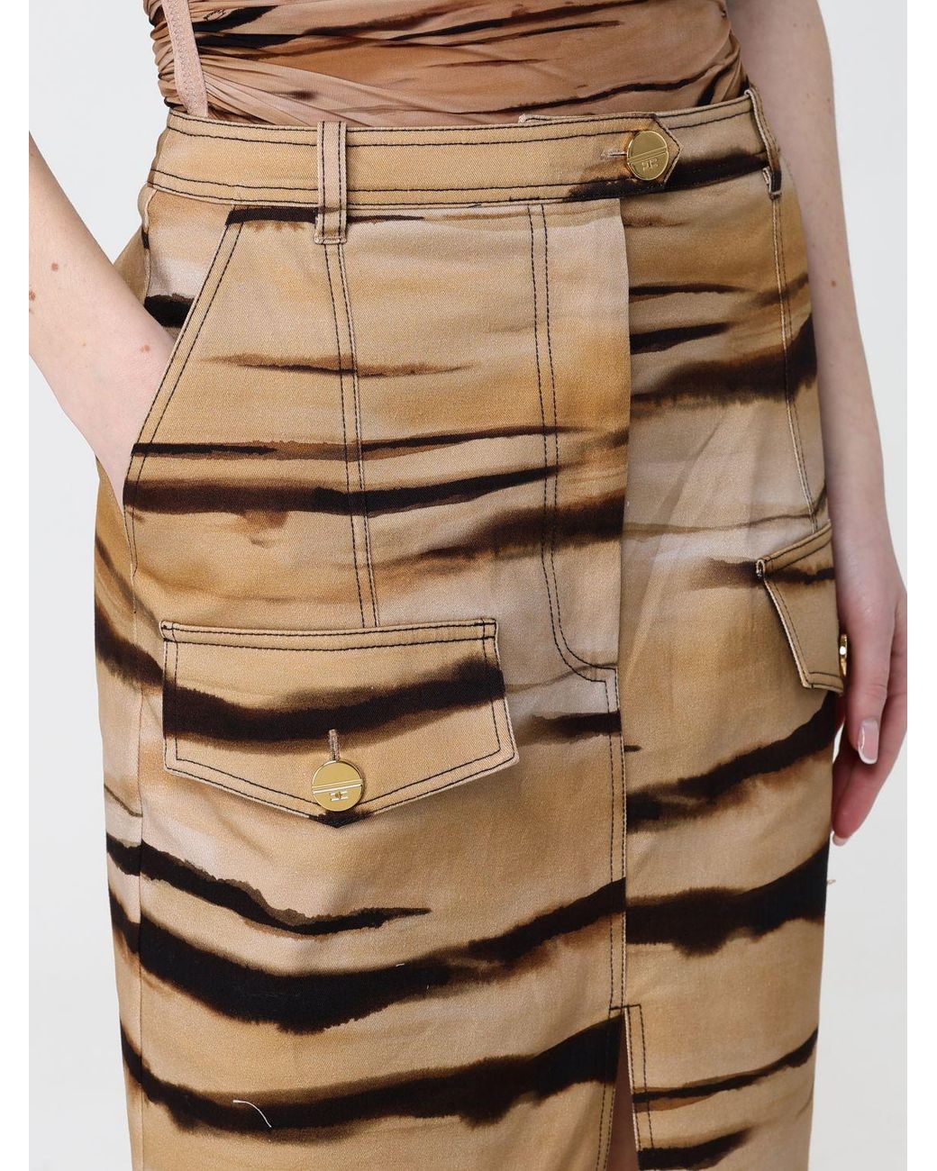 Elisabetta Franchi Natural Animal Print Stretch Cotton Midi Skirt