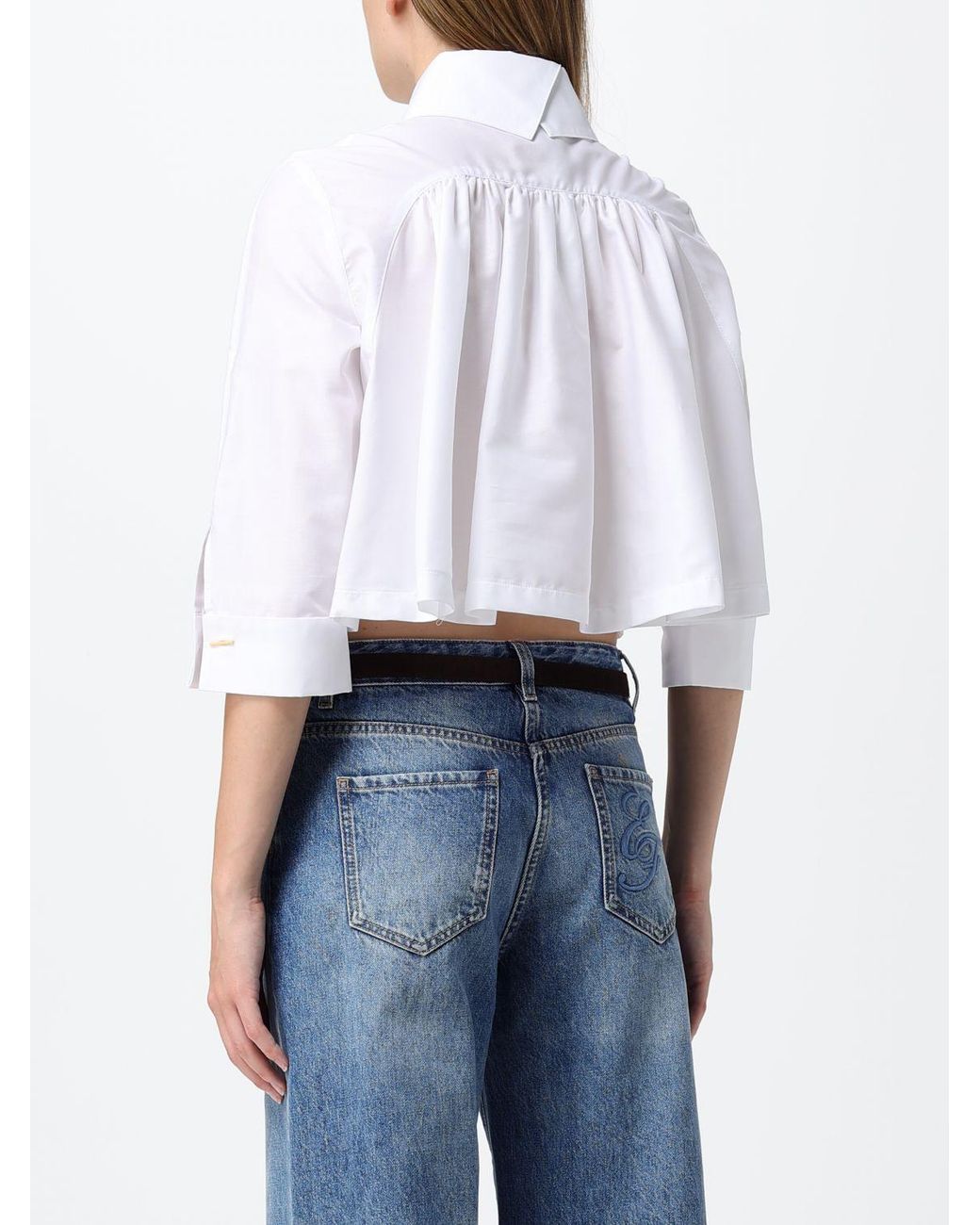Elisabetta Franchi White Pleated Cropped Cotton Shirt With Pointed Collar