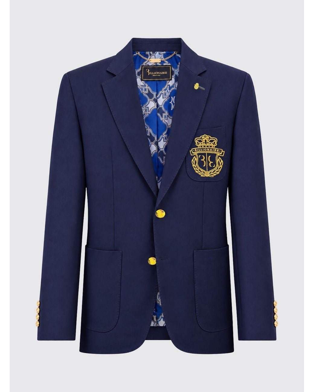 Billionaire Blue Single-Breasted Blazer With Lapels And Embroidered Crest for men
